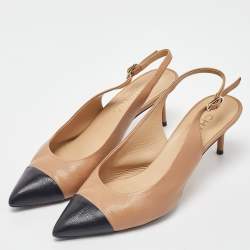 Pre Owned Chanel Beige/Black Leather CC Slingback Pumps Size 40