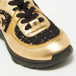 Chanel Gold/Black Leather and Tweed CC Low Top Sneakers Size 37