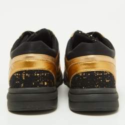 Chanel Gold/Black Leather and Tweed CC Low Top Sneakers Size 37