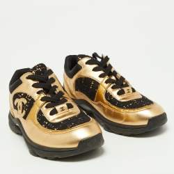Chanel Gold/Black Leather and Tweed CC Low Top Sneakers Size 37