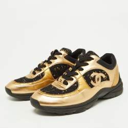 Chanel Gold/Black Leather and Tweed CC Low Top Sneakers Size 37