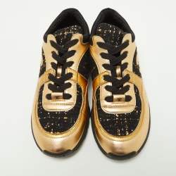 Chanel Gold/Black Leather and Tweed CC Low Top Sneakers Size 37