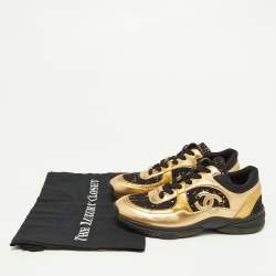 Chanel Gold/Black Leather and Tweed CC Low Top Sneakers Size 37