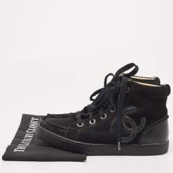 Pre Owned Chanel Black Leather and Suede CC High Top Sneakers Size 37