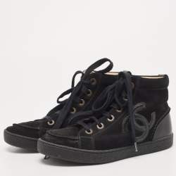 Chanel Black Leather and Suede CC High Top Sneakers Size 37