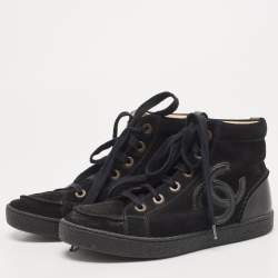 Pre Owned Chanel Black Leather and Suede CC High Top Sneakers Size 37