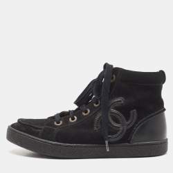 Pre Owned Chanel Black Leather and Suede CC High Top Sneakers Size 37