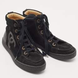 Pre Owned Chanel Black Leather and Suede CC High Top Sneakers Size 37
