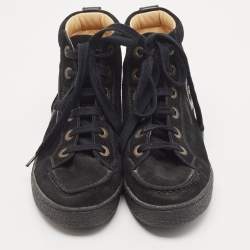 Pre Owned Chanel Black Leather and Suede CC High Top Sneakers Size 37