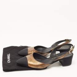 Pre Owned Chanel Brown/Black Leather and Canvas Slingback Pumps Size 37