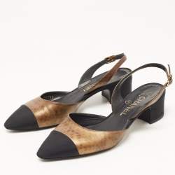 Pre Owned Chanel Brown/Black Leather and Canvas Slingback Pumps Size 37