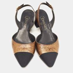 Pre Owned Chanel Brown/Black Leather and Canvas Slingback Pumps Size 37
