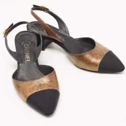 Pre Owned Chanel Brown/Black Leather and Canvas Slingback Pumps Size 37