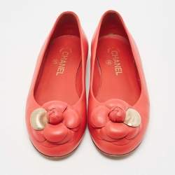 Chanel Red Leather Camelia Ballet Flats Size 37.5