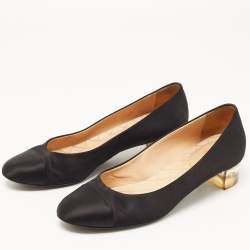 Chanel Black Satin Block Heel Pumps Size 37.5