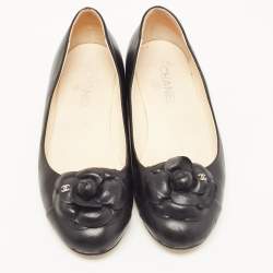 Pre Owned Chanel Black Leather CC Camelia Ballet Flats Size 41