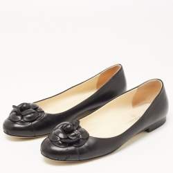 Pre Owned Chanel Black Leather CC Camelia Ballet Flats Size 41
