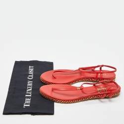 Chanel Red Leather CC Chain Flat Ankle Strap Sandals Size 41