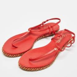 Chanel Red Leather CC Chain Flat Ankle Strap Sandals Size 41
