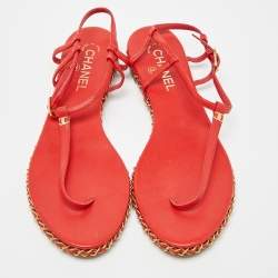 Chanel Red Leather CC Chain Flat Ankle Strap Sandals Size 41