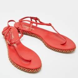 Chanel Red Leather CC Chain Flat Ankle Strap Sandals Size 41