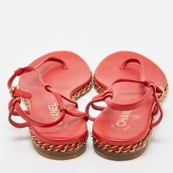 Chanel Red Leather CC Chain Flat Ankle Strap Sandals Size 41
