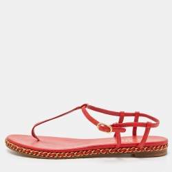 Chanel Red Leather CC Chain Flat Ankle Strap Sandals Size 41