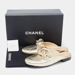 Chanel Gold Foil Leather Braided Chain Flat Mules Size 38.5