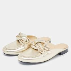 Chanel Gold Foil Leather Braided Chain Flat Mules Size 38.5