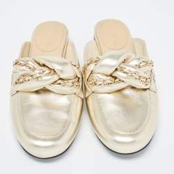Chanel Gold Foil Leather Braided Chain Flat Mules Size 38.5