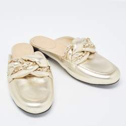 Chanel Gold Foil Leather Braided Chain Flat Mules Size 38.5