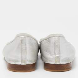 Pre Owned Chanel Silver Leather CC Cap Toe Ballet Flats Size 37