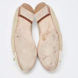 Pre Owned Chanel Metallic Gold Leather and Texture Suede CC Cap Toe Flats Size 37.5