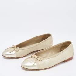 Pre Owned Chanel Metallic Gold Leather and Texture Suede CC Cap Toe Flats Size 37.5