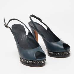 Chanel Navy Blue Leather CC Chain Detail Peep Toe Platform Slingback Sandals Size 38