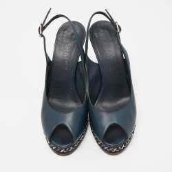 Chanel Navy Blue Leather CC Chain Detail Peep Toe Platform Slingback Sandals Size 38
