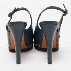 Chanel Navy Blue Leather CC Chain Detail Peep Toe Platform Slingback Sandals Size 38