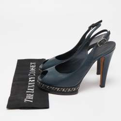 Chanel Navy Blue Leather CC Chain Detail Peep Toe Platform Slingback Sandals Size 38