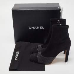 Chanel Black/Grey Quilted Suede CC Ankle Boots Size 42