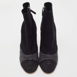 Chanel Black/Grey Quilted Suede CC Ankle Boots Size 42