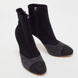 Chanel Black/Grey Quilted Suede CC Ankle Boots Size 42