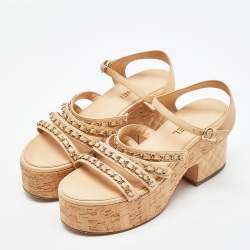 Pre Owned Chanel Beige Leather Chain Detail Ankle Strap Platform Sandals Size 42