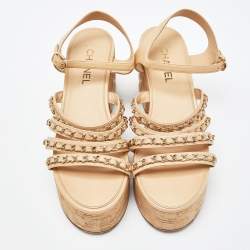 Pre Owned Chanel Beige Leather Chain Detail Ankle Strap Platform Sandals Size 42