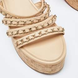 Pre Owned Chanel Beige Leather Chain Detail Ankle Strap Platform Sandals Size 42