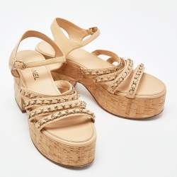 Pre Owned Chanel Beige Leather Chain Detail Ankle Strap Platform Sandals Size 42
