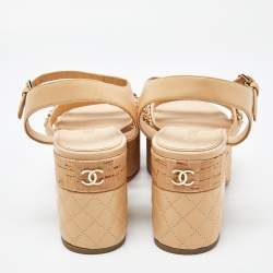 Pre Owned Chanel Beige Leather Chain Detail Ankle Strap Platform Sandals Size 42