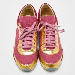 Pre Owned Chanel Pink/Gold Tweed Fabric and Leather CC Lace Up Sneakers Size 41