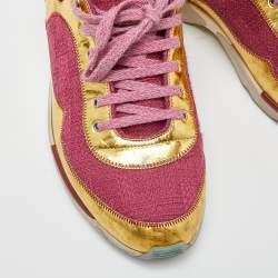 Pre Owned Chanel Pink/Gold Tweed Fabric and Leather CC Lace Up Sneakers Size 41