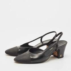 Chanel Black Leather And Canvas CC Slingback Pumps Size 37.5