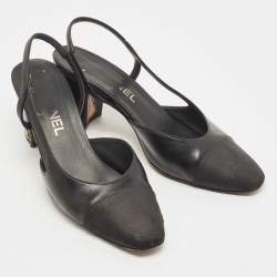 Chanel Black Leather And Canvas CC Slingback Pumps Size 37.5